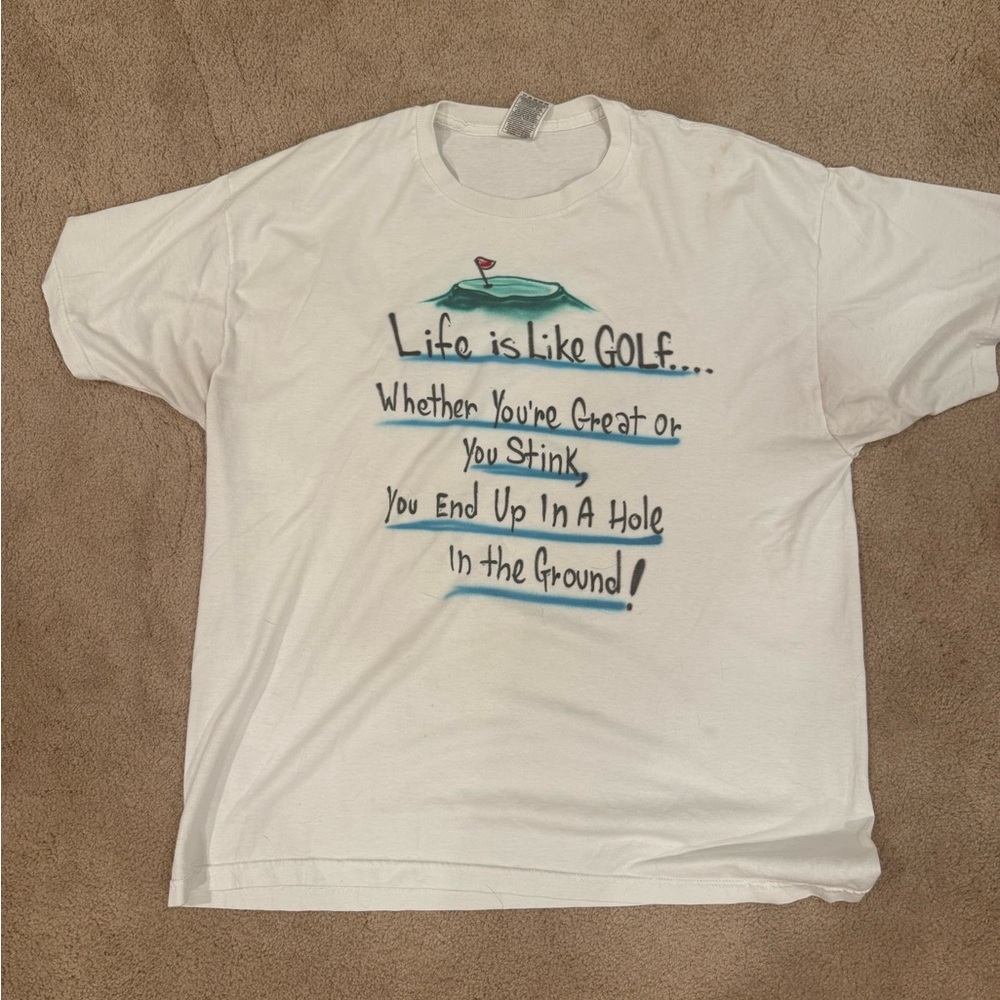 90s White Graphic T-Shirt with Golf Quote